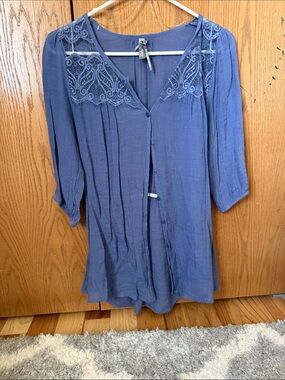 Vanity Blue Lace Yoke Button-Down Blouse